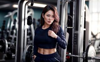 healthy middle aged lady woman in sport wear at gym, generative AI photo