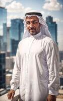 rich arab businessman in Traditional White Outfit in big city in background, generative AI photo