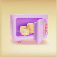 3d Open Safe with Money Cartoon Style. Vector