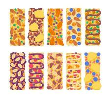 Cartoon Color Healthy Muesli Bars with Different Nuts and Dry Fruits Set. Vector