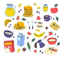 Cartoon Color Breakfast Food and Drinks Different Elements Set. Vector