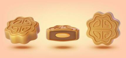 3d Different Moon Cake Set Cartoon Style. Vector