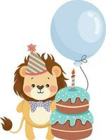 Cute lion with balloon and happy birthday cake vector