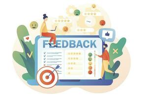 Feedback concept. Tiny people leave feedback and put assessment online on laptop. Customer survey, review and opinion. Modern flat cartoon style. Vector illustration on white background