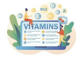 Vitamins complex. Healthy lifestyle. Tiny people reading list multi vitamin supplement, vitamin A, group B B1, B2, B6, B12, C, D, E, K on laptop. Modern flat cartoon style. Vector illustration