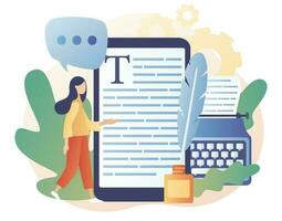 Tiny creative woman typing text in smartphone app. Professional writer, author, redactor, journalist, copywriter, content manager, blogger. Modern flat cartoon style. Vector illustration