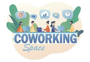 Co-working space. Tiny people working on laptops, computers, smartphones on shared modern office workplace. Shared working environment. Business meeting. Modern flat cartoon style. Vector illustration