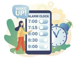 Alarm clock rings. Tiny woman sets the alarm clock in smartphone app. Wake up in morning. Good morning concept. Beginning of new day. Modern flat cartoon style. Vector illustration on white background