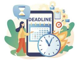 Smartphone app for time management and productivity control. Deadline concept. Tiny woman organizes workflow, effective time management. Modern flat cartoon style. Vector illustration