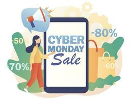 Cyber Monday sale - text on smartphone screen. Tiny woman shopping online. Big sales promotion. Special offer price. Advertising discounts.Modern flat cartoon style. Vector illustration