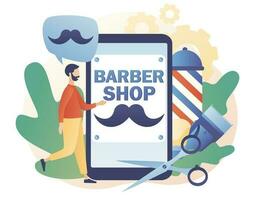 barbería - texto en teléfono inteligente pantalla. hombres salón. peluquería cuidado pelo y barba. Corte de pelo, barba guarnición y afeitado servicios concepto. moderno plano dibujos animados estilo. vector ilustración en blanco antecedentes