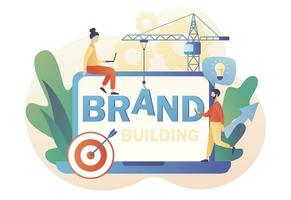Tiny people working on branding. Brand building. Corporate identity. Company development. Self-positioning, individual brand strategy.Modern flat cartoon style. Vector illustration on white background