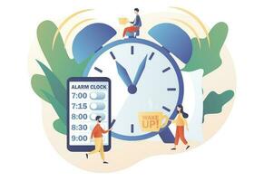 alarma reloj aplicación despertar arriba. minúsculo personas despertar arriba en Mañana y seguir rutina de día. bueno Mañana concepto. comenzando de nuevo día. moderno plano dibujos animados estilo. vector ilustración en blanco antecedentes