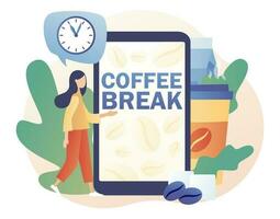 Tiny woman relaxing and drinking coffee. Coffee break - text on smartphone screen. Lunch time in office concept. Modern flat cartoon style. Vector illustration on white background