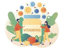 vitaminas complejo. sano estilo de vida. minúsculo personas y tarro multi vitamina suplemento, vitamina a, grupo si b1, b2, b6, b12, C, d, mi, k. moderno plano dibujos animados estilo. vector ilustración en blanco antecedentes