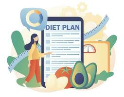 Tiny woman follow diet plan with healthy food with vegetables, fruit and physical activity use smartphone app. Nutrition diet. Nutritionist online. Modern flat cartoon style. Vector illustration