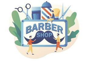 Barbershop. Hair salon. Tiny men and barbers care hair and beard. Haircut, beard trimming and shaving services concept. Modern flat cartoon style. Vector illustration on white background