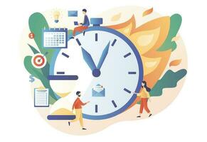 fecha límite concepto. grande reloj en fuego. hora administración y productividad. minúsculo personas organizar flujo de trabajo, eficaz hora gasto. moderno plano dibujos animados estilo. vector ilustración en blanco antecedentes