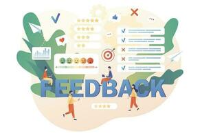 Feedback concept. Tiny people clients leave feedback, put assessment in online service. Customer survey, review and opinion. Modern flat cartoon style. Vector illustration on white background