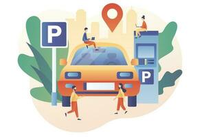 Tiny people park car in Parking area, parking lot. Public car-park in big city. Urban transport. Road sign. Modern flat cartoon style. Vector illustration on white background