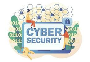 Cyber security - text on laptop screen. Tiny people protection of computer services and electronic information. Global network security. Data protection. Modern flat cartoon style. Vector illustration