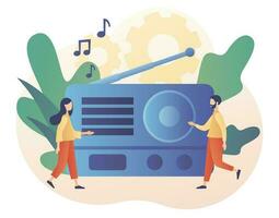 Tiny people listening boombox On-air, audio, music, talk show, interviews of guest online. Retro old radio. Modern flat cartoon style. Vector illustration on white background