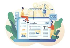 Tiny people building webpage on laptop. Web design concept. Website interface design. Software development process. Programming and coding. SEO. Modern flat cartoon style. Vector illustration