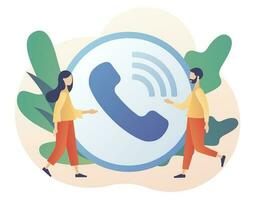 Big Accept Button. Tiny people receive incoming call. Phone Call. Communication concept. Modern flat cartoon style. Vector illustration on white background