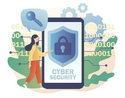 Cyber security - text on smartphone screen. Tiny woman protection of computer services and electronic information. Global network security. Data protection. Modern flat cartoon style. Vector