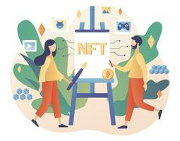 Non-fungible token. Tiny people create Crypto art. NTF. Painting on easel. Online gallery nft art. Investment. Internet marketplace and blockchain. Modern flat cartoon style. Vector illustration