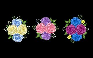 Roses flowers leaves garland with cyan, beige, pink and purple color set. Floral hand drawn for bouquets, wreaths, arrangements, wedding invitations, anniversary vector