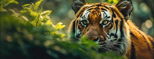 Close-up of a tiger in the forest. Long format image - generative AI photo