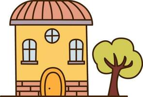 Vector cartoon yellow house icon. Vector Brick house with yellow door and small tree nearby icon.