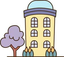 Vector three-storey cartoon house with a blue roof icon. Vector yellow house with six windows and a purple tree icon.