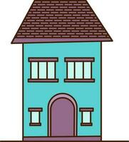 Vector Blue two-storey house with a purple door icon. Vector house with two small and two large windows icon.
