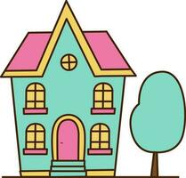 Vector beautiful blue house icon. Vector Illustration of sweet home with blue tree in the yard icon.