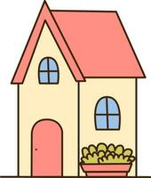 Vector Cute cartoon house, cottage decorated with leaves and flowers icon. Vector simple house with red roof icon.