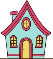 Vector cute cartoon house with pink roof icon. Vector blue house with three windows icon.