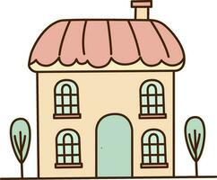 Vector cartoon house with pink roof icon. Vector house with two small tree icon.