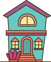 Vector blue house with two floors icon. Vector cartoon house with pink roof and two windows icon.