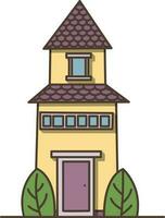 Vector strange tall house with two bushes icon. Vector Yellow house with purple door icon.