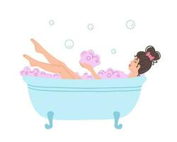 Girl in bathtub with foam. Woman takes bath. Young girl in bathroom relaxes in hot water. Cosmetic SPA procedures, beauty and hygiene. Illustration for printing, backgrounds and packaging. vector