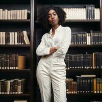 hermosa africano americano negro mujer con biblioteca en fondo, generativo ai foto