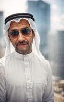 rich arab businessman in Traditional White Outfit in big city in background, generative AI photo