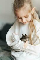 Young girl playing with small animal degu squirrel. photo