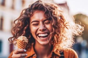 ai generativo. contento mujer comiendo hielo crema en un cono en el calle foto