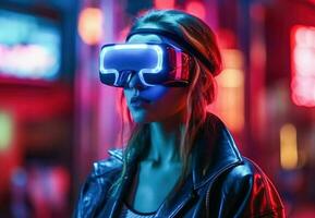 Ai generative. Night scene of the city. Woman in vr headset in the city of the future photo