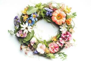 Ai generative. A wreath of summer flowers on a white photo