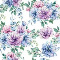 Elegant floral Seamless pattern with watercolor anemone flowers and greenery. Seamless floral background in pink, blue and purple colors vector