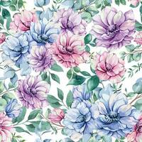 Elegant floral Seamless pattern with watercolor anemone flowers and greenery. Seamless floral background in pink, blue and purple colors vector